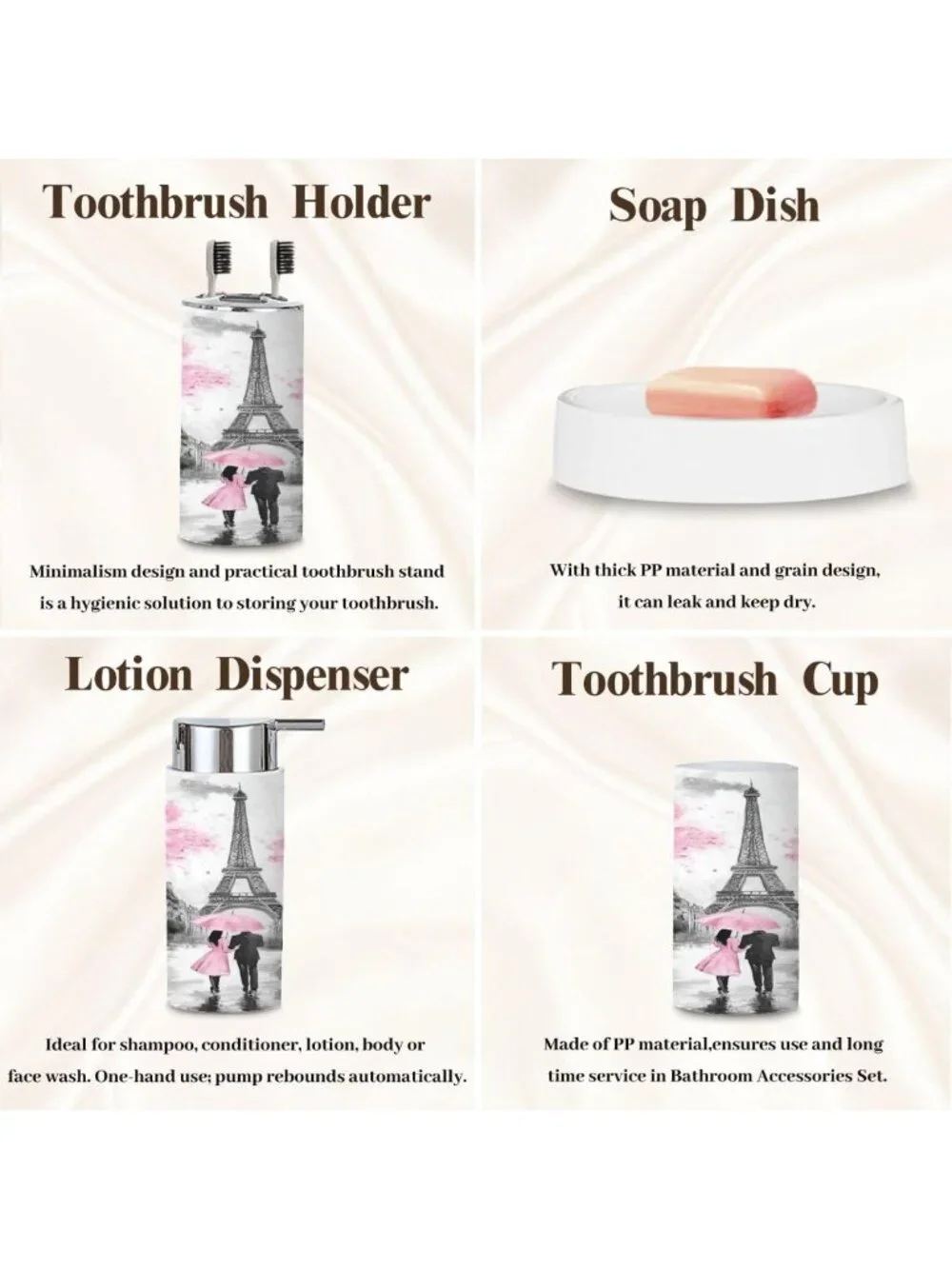 Chic 6-Piece Bathroom Accessory Set - Modern Parisian Design, Black & Pink Decor